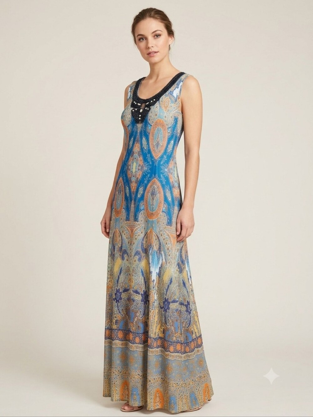 Reba Paisley Beaded Neckline Mesh Maxi Dress, Large